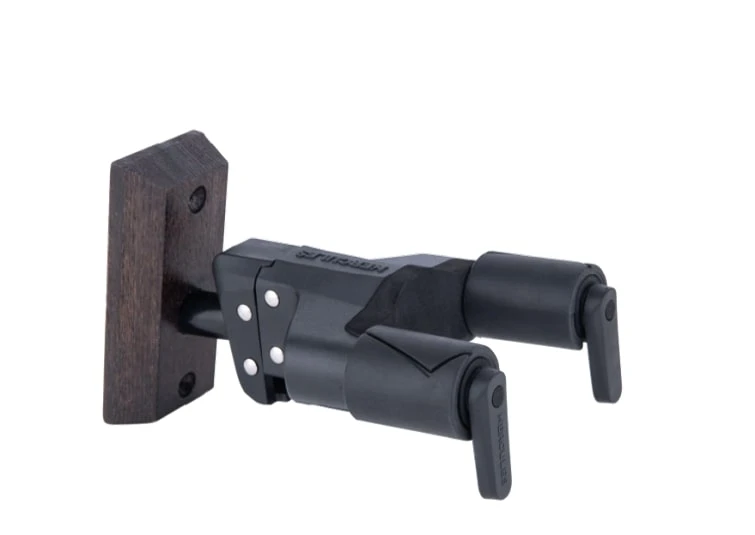 Hercules Auto Grip Universal Guitar Hanger For Wall Mounting With Brown Wood Base, Short Arm 1 Hercules Auto Grip Universal Guitar Hanger For Wall Mounting With Brown Wood Base, Short Arm