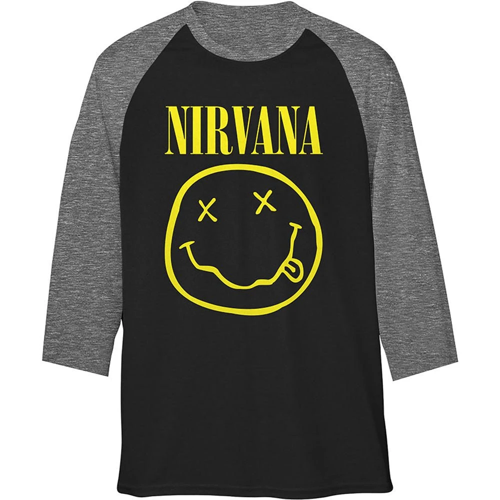 NIRVANA UNISEX RAGLAN TEE: YELLOW SMILEY 1 NIRVANA UNISEX RAGLAN TEE: YELLOW SMILEY
