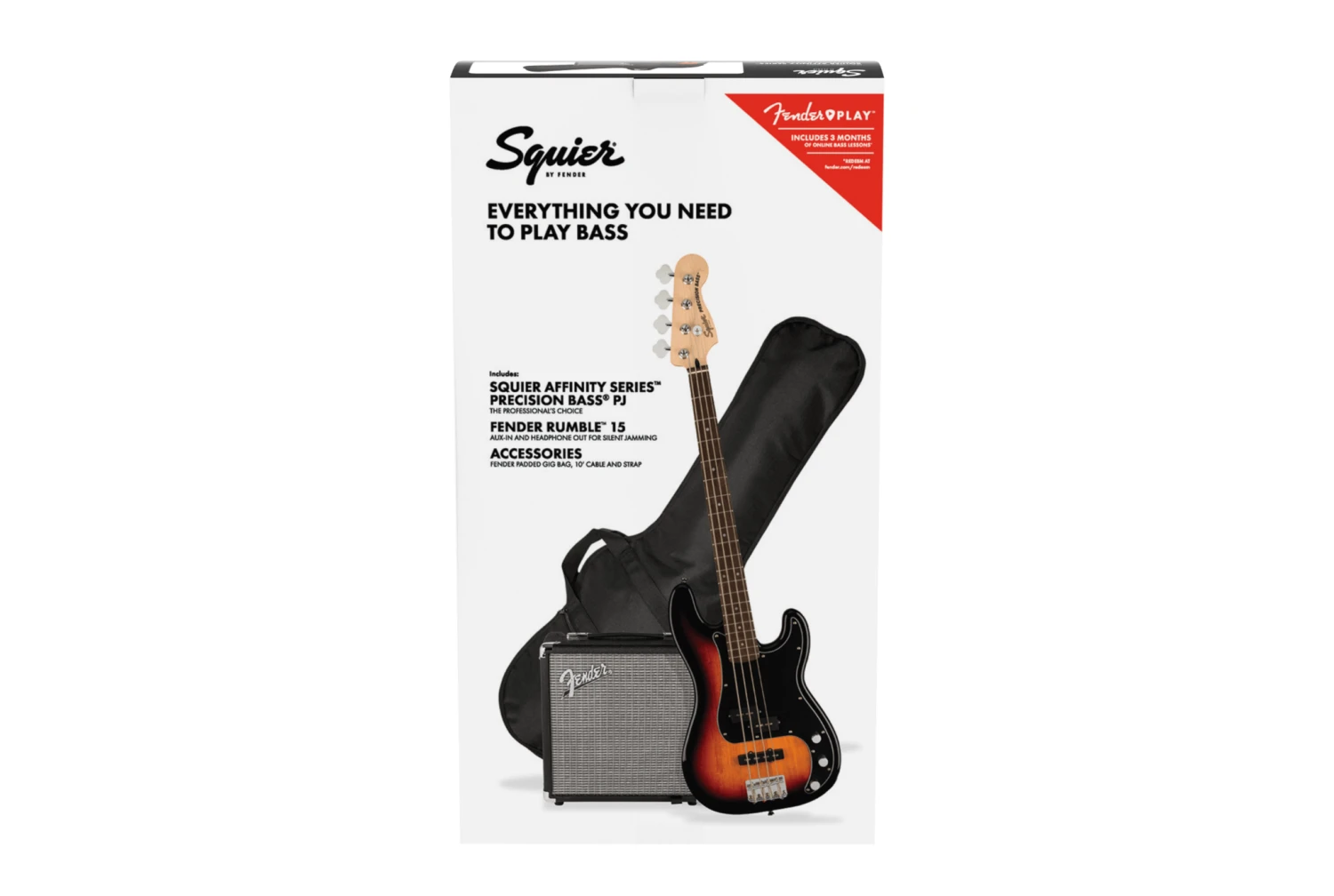Squier Affinity Series Precision Bass PJ Pack, Laurel Fingerboard, 3-Color Sunburst, Gig Bag, Rumble 15 - 120V 10 Squier Affinity Series Precision Bass PJ Pack, Laurel Fingerboard, 3-Color Sunburst, Gig Bag, Rumble 15 - 120V - Image 10