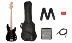 Squier Affinity Series Precision Bass PJ Pack, Maple Fingerboard, Black, Gig Bag, Rumble 15 - 120V
