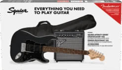 Squier Affinity Series Stratocaster HSS Pack, Laurel Fingerboard, Charcoal Frost Metallic, Gig Bag, 15G - 120V -Faders Music Store squier affinity series stratocaster hss pack laurel fingerboard charcoal frost metallic gig bag 15g 120v fmic 955482