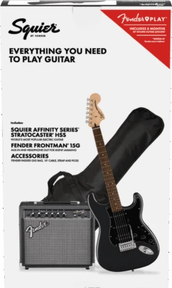 Squier Affinity Series Stratocaster HSS Pack, Laurel Fingerboard, Charcoal Frost Metallic, Gig Bag, 15G - 120V -Faders Music Store squier affinity series stratocaster hss pack laurel fingerboard charcoal frost metallic gig bag 15g 120v fmic 968242
