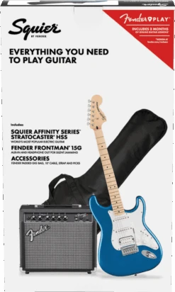 Squier Affinity Series Stratocaster HSS Pack, Maple Fingerboard, Lake Placid Blue, Gig Bag, 15G - 120V -Faders Music Store squier affinity series stratocaster hss pack maple fingerboard lake placid blue gig bag 15g 120v fmic 401966
